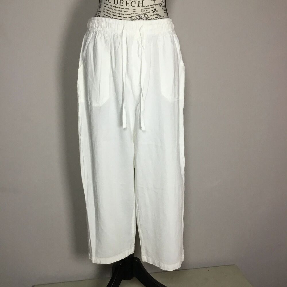 100% cotton wide leg white beach pants large front pockets drawstring waist 29”